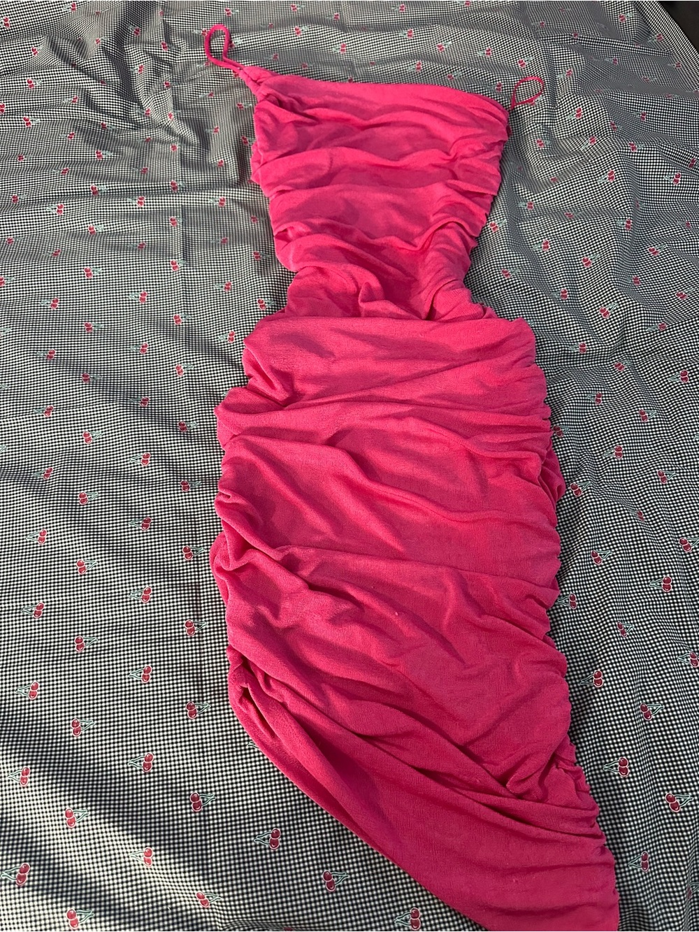 Fashion Nova Ruched Strapless Hot Pink Midi Dress